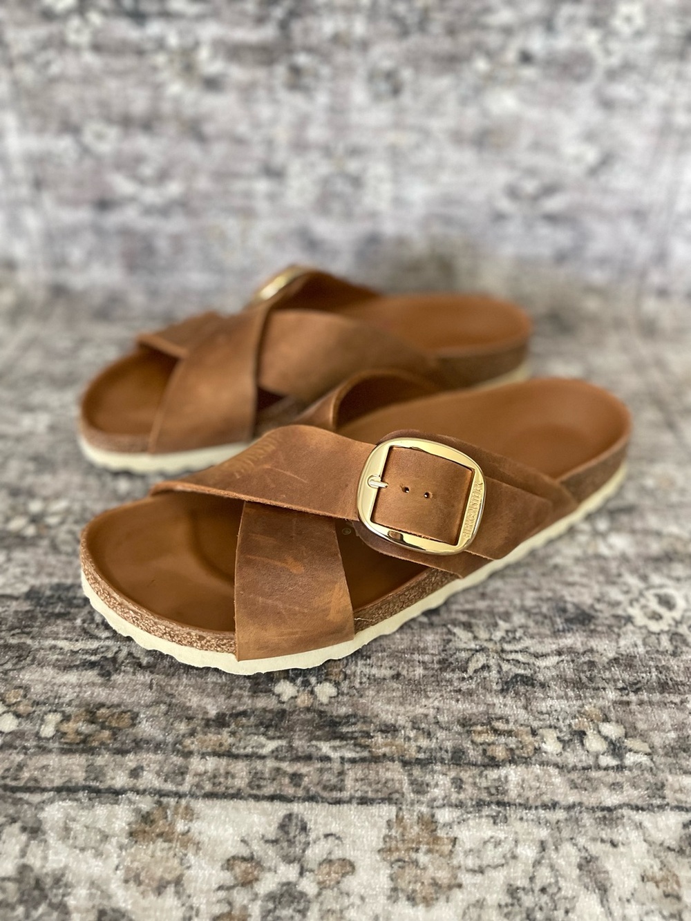 Birkenstock Big Buckle Sienna Cognac Brown Leather Gold Size 39 - Picture 3 of 9